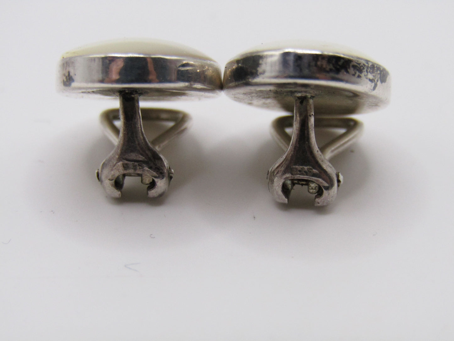 Vintage Sterling Silver Oval Mother of Pearl Clip-On Earrings
