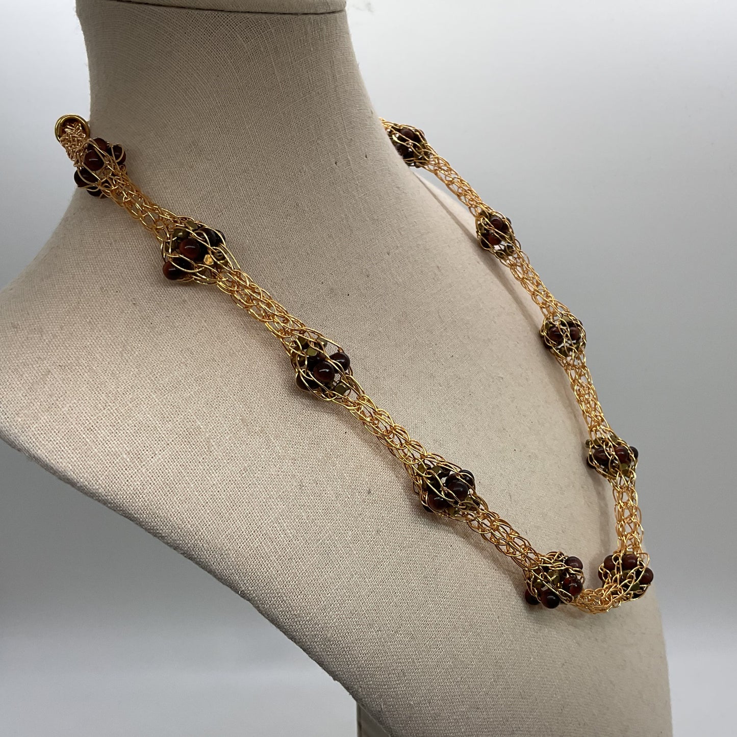 Gold Tone Wire Braided Caged Tiger Eye Beaded Clusters 22" Necklace