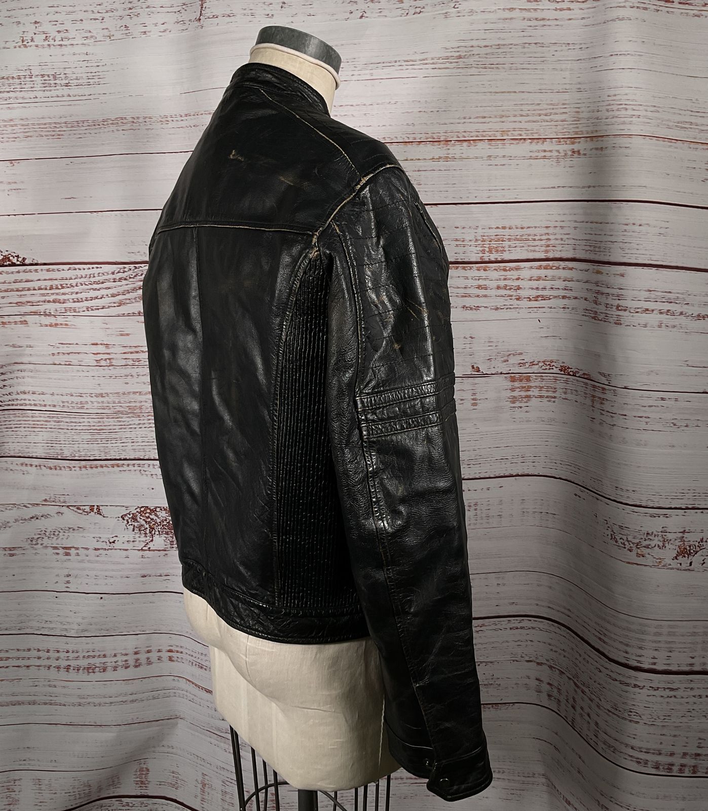 Sixty Vintage Distressed Leather Biker Jacket Black L