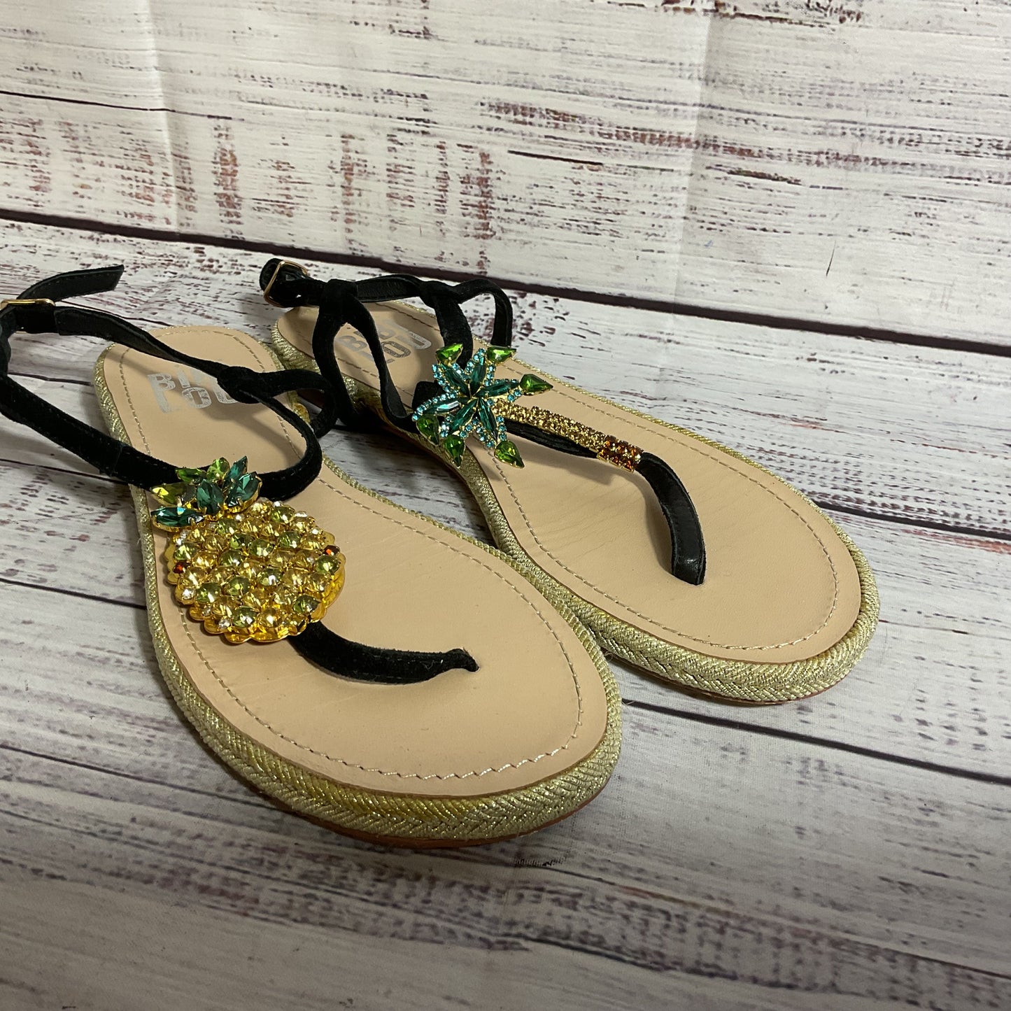 BIBI LOU Women's Black Palm Tree Pineapple Rhinestone Thong Sandals- SZ 37