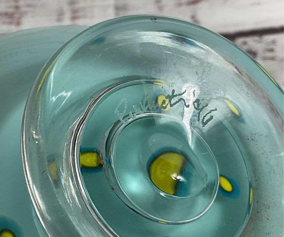 Modern Signed Hand-Blown Art Glass Double-Handled Small Bowl Blue