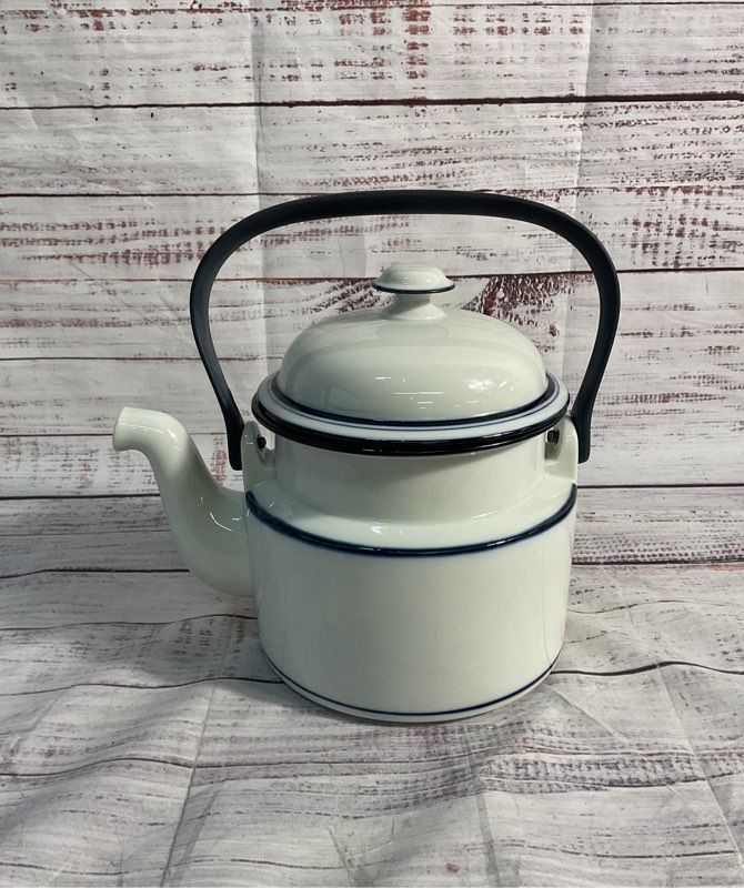 Vintage Dansk White & Blue Striped Bistro Tea Pot Japan With Handle 7.5"