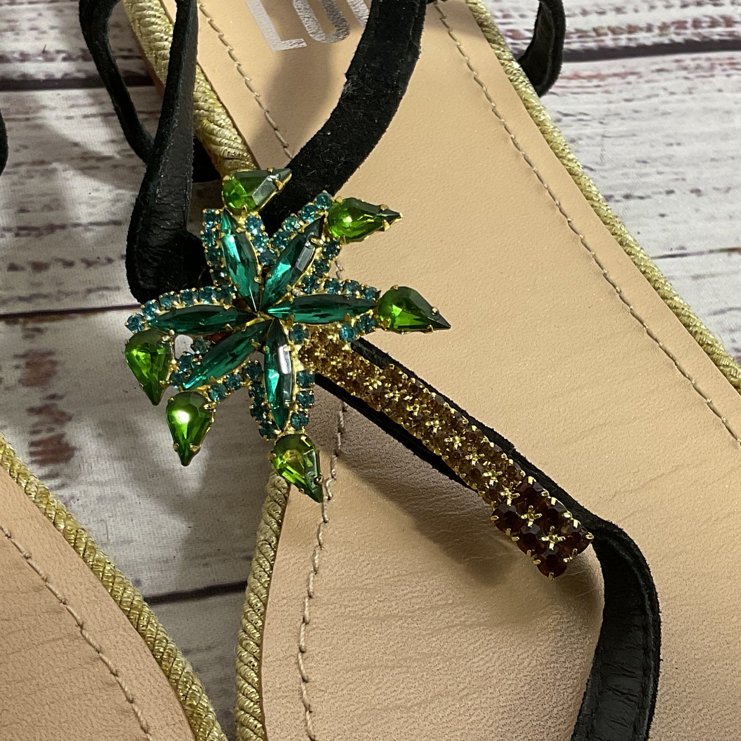 BIBI LOU Women's Black Palm Tree Pineapple Rhinestone Thong Sandals- SZ 37