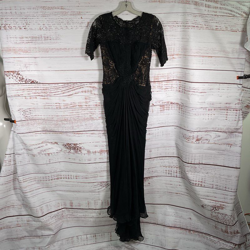 Tadashi Shoji Paillette Black Lace & Tulle S/S Gown Maxi Dress w/ Slip Size 0