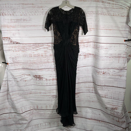 Tadashi Shoji Paillette Black Lace & Tulle S/S Gown Maxi Dress w/ Slip Size 0
