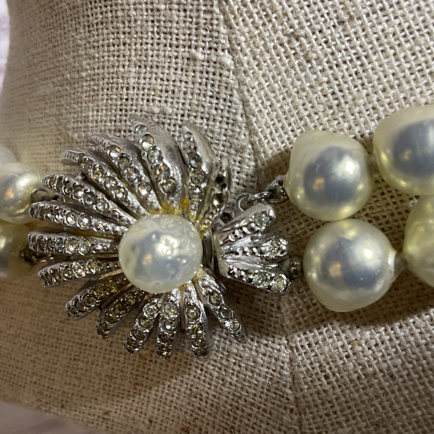 VTG. LES BERNARD Silver Tone Faux Pearls and Rhinestone 2-Strand Necklace- 24"