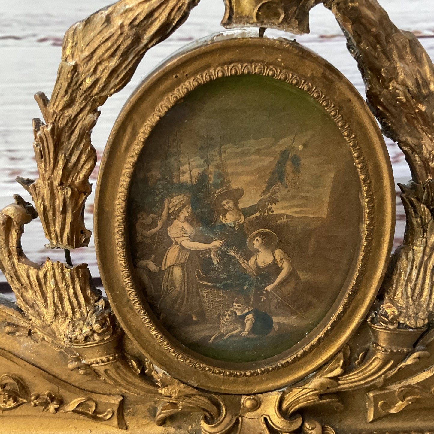 ANTIQUE Estate Louis Style Ornate Giltwood Trumeau Mirror - 42" x 13"