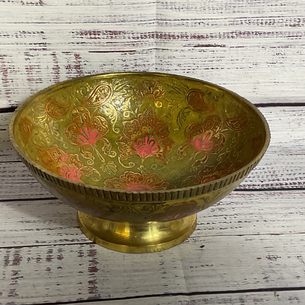 VINTAGE Brass Enamel Footed Bowl-6.5"