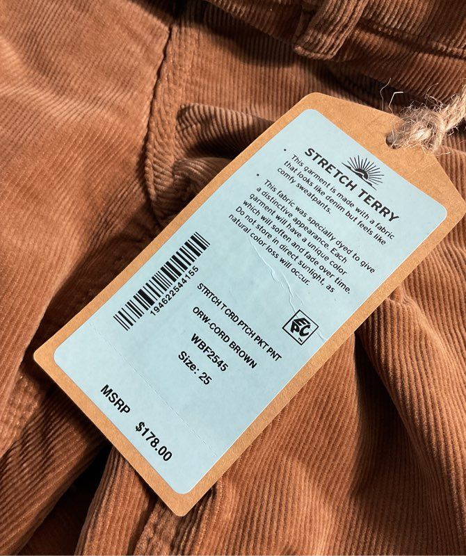 NEW Faherty Women's Size 25 X 31 Stretch Cord Patch Pocket Pants Corduroy Brown