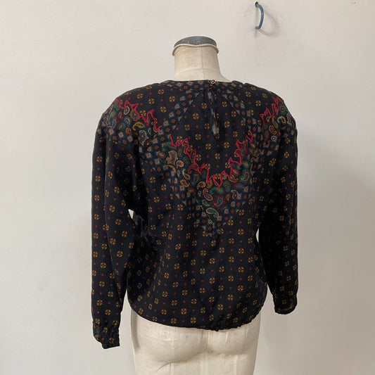 VTG. Diane Freis Black Paisley w/ Red Flame Embroidery Women's Tunic Blouse