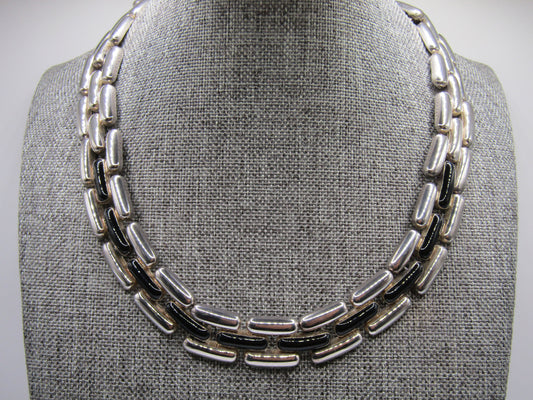 Vintage 15" Silver Plated Onyx Inlay 15mm Panther Link Necklace