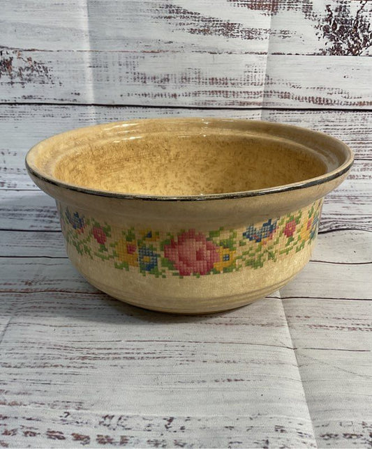 Hotoven Harker Cookware Bowl Silver Colored Rim Cross Stitch Floral Pattern