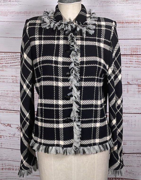 St. John Collections Vintage Plaid Fringe Trim Jacket Black White 12