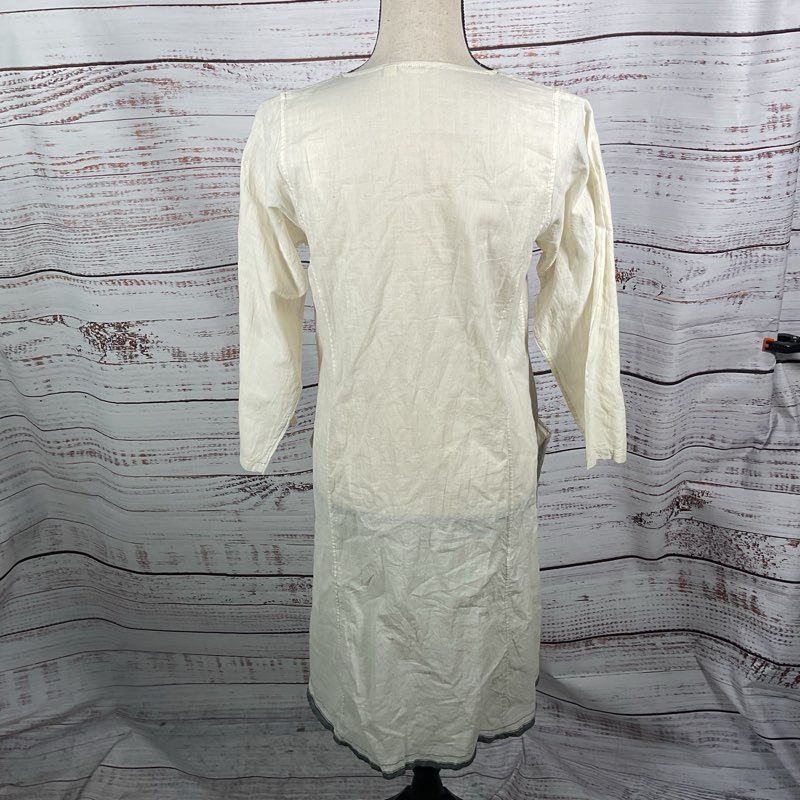 Injiri Ivory Round Neck Long Sleeve 3/4 Button Cotton Midi Dress - Size 38