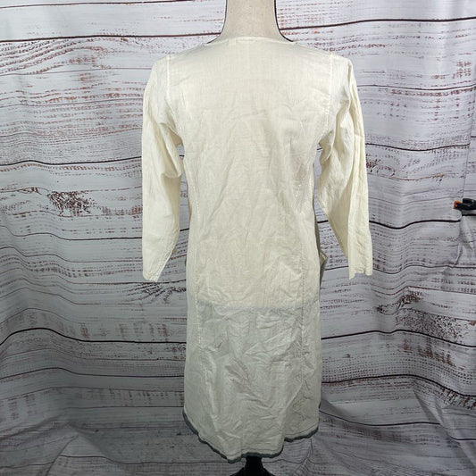 Injiri Ivory Round Neck Long Sleeve 3/4 Button Cotton Midi Dress - Size 38