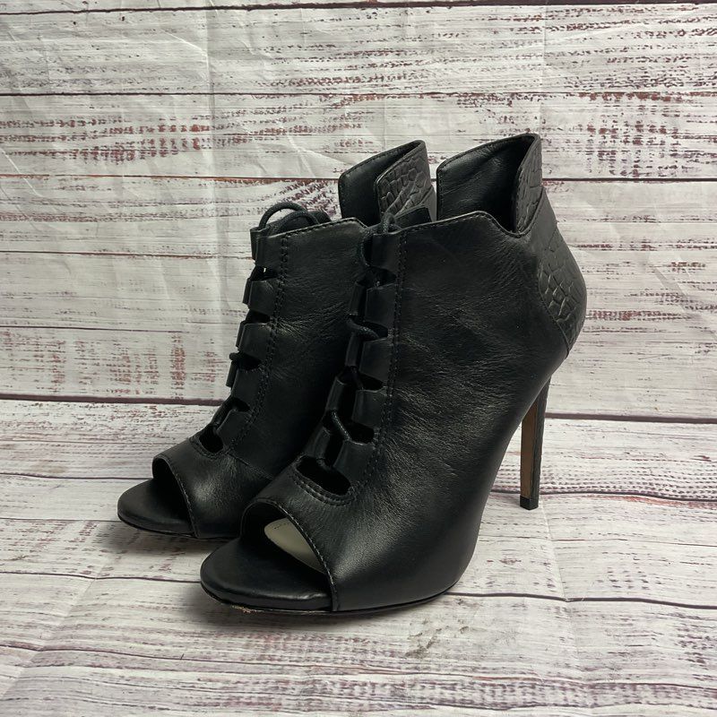 Pour La Victoire Black Leather Corset Lace Peep Toe Goth Y2K Stiletto Heel 6.5 W