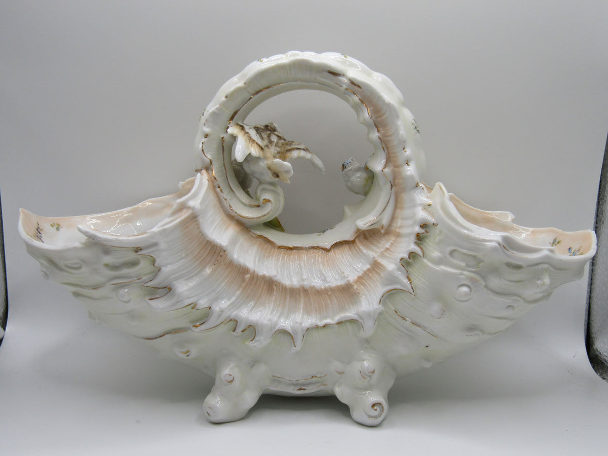 Antique Volkstedt Porcelain Conch Bird Motif Basket Made in Thuringia, Germany