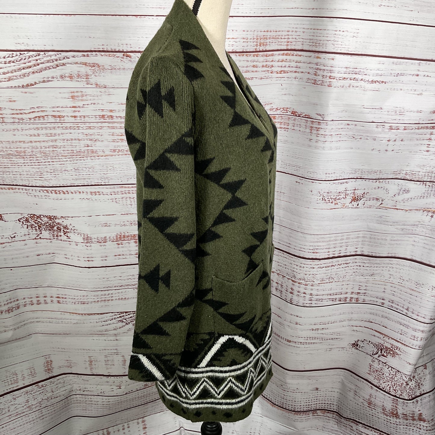 NWT FRYE Women's Green Native Design Long Open Front Cardigan Sweater- SZ S