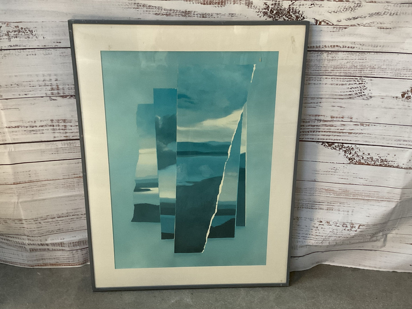 VTG. Blue White Hues Abstract Lithograph- FRAMED 41" X 31.25"