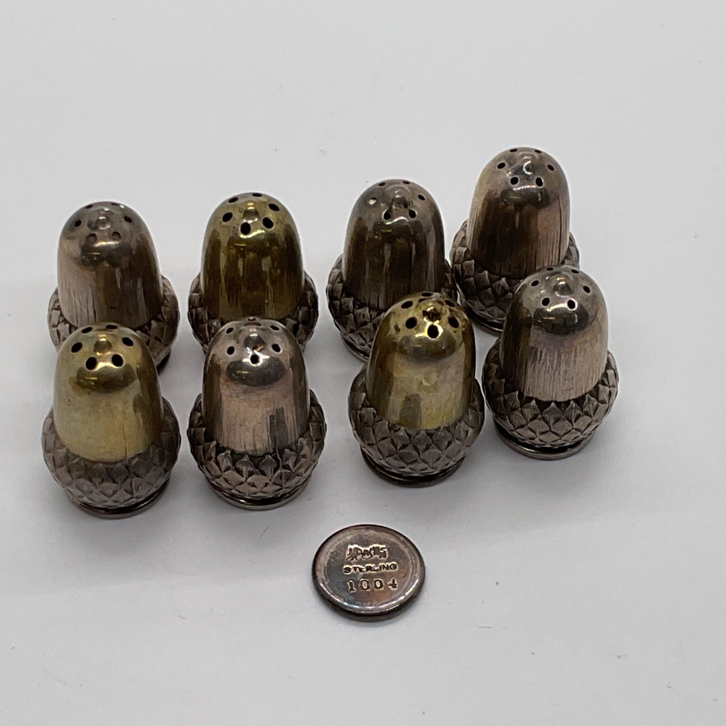 ANTIQUE 1920's REED & BARTON Sterling Silver 1" Acorn Salt Shakers- Set of 8