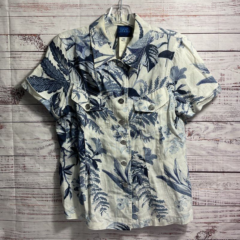 Kenzo Jeans Blue/White Floral Button Up Short Sleeve Blouse - Size 8