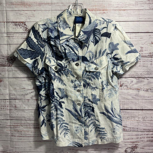 Kenzo Jeans Blue/White Floral Button Up Short Sleeve Blouse - Size 8