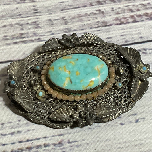VTG./ANTIQUE Hubble Turquoise and Faux Pearl Filigree Silver Tone Brooch- 2.5"