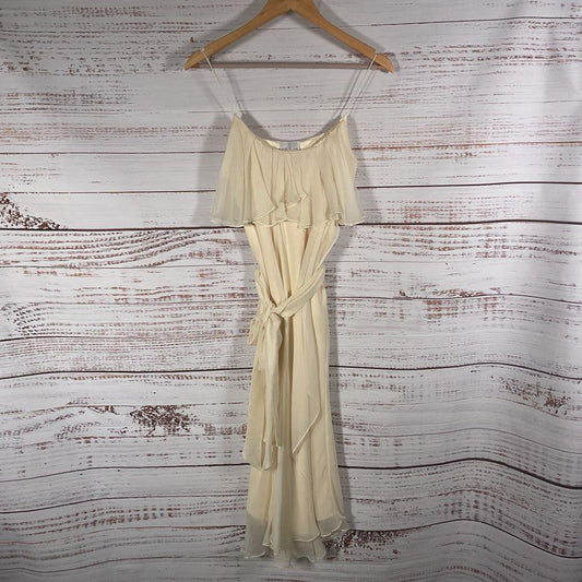 Miguelina Ecru Ruffle Neck Belted Spaghetti Strap Midi Sun Dress - Size XS