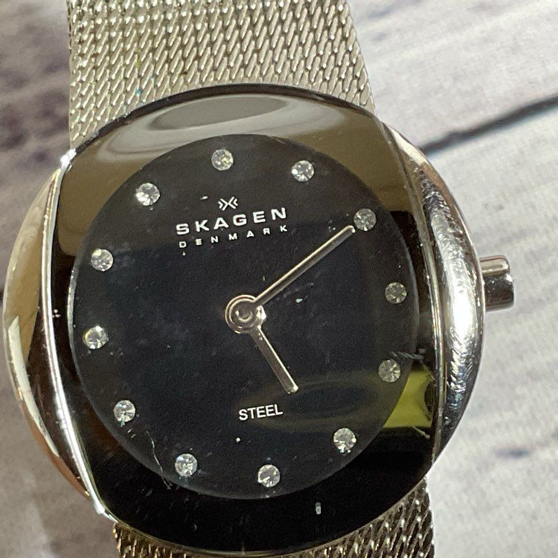SKAGEN 589SSSB Women's Silver Tone Mesh Black Dial Rhinestone Watch