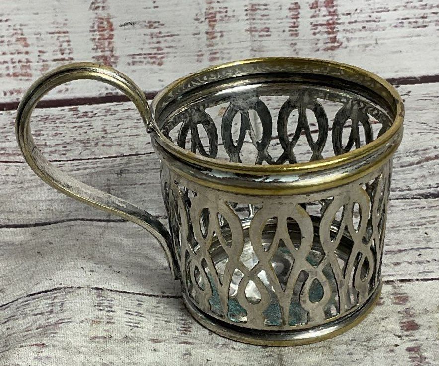 Buch Antique Russian 2.5" Podstakannik Tea Glass Holder Brass Silver Plated