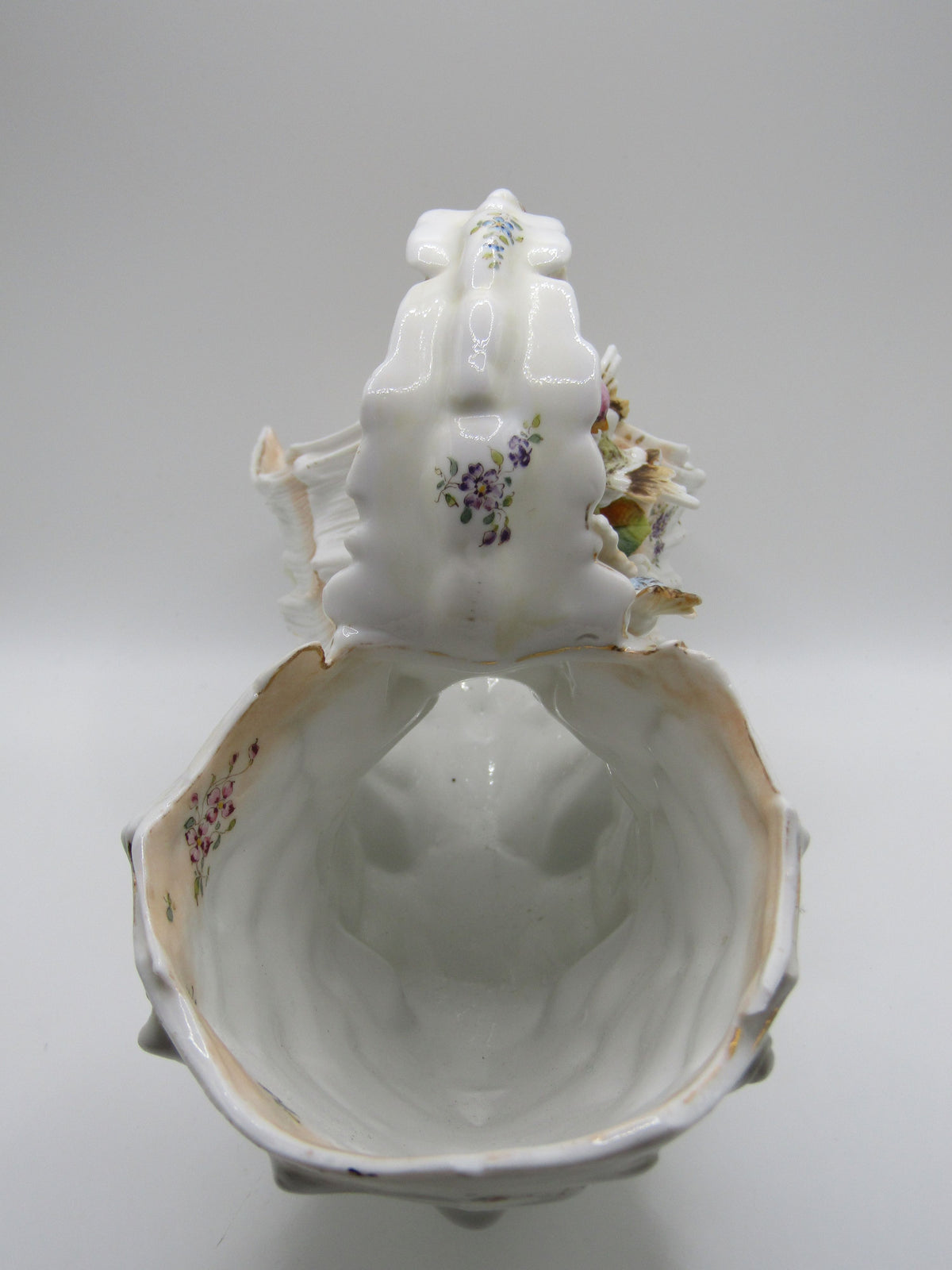 Antique Volkstedt Porcelain Conch Bird Motif Basket Made in Thuringia, Germany