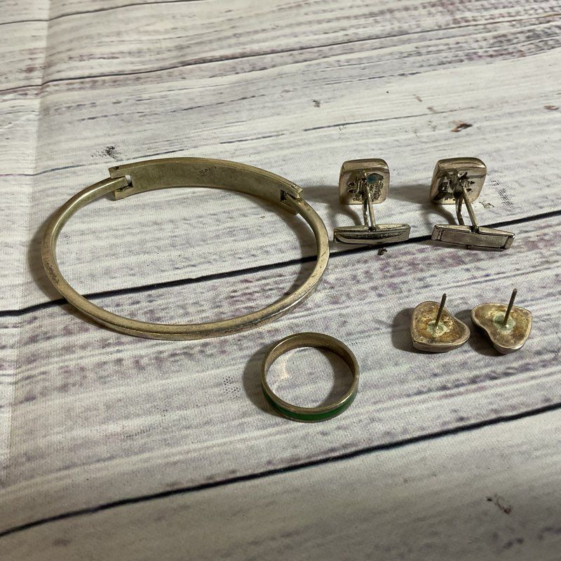 Lot Sterling Alpaca Bracelet, Norway Ring, India Cufflinks, Mex. Earrings 26.65g