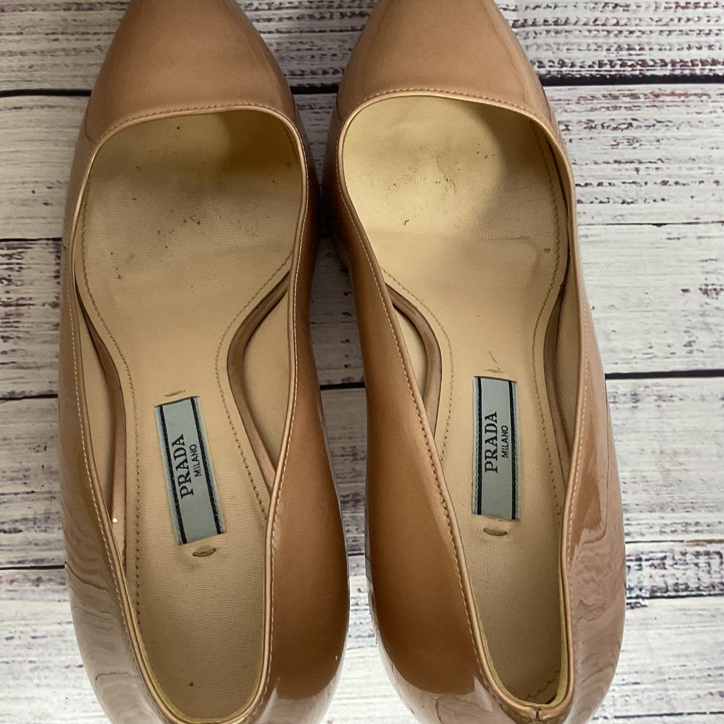 PRADA Women's Champagne Patent Leather Pump Heels- 38/ 8 US