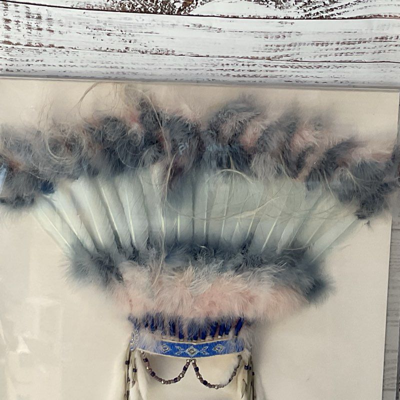 Signed SHAWN ATHARI Glass Mask with Feathers & Necklace with Shadowbox Display