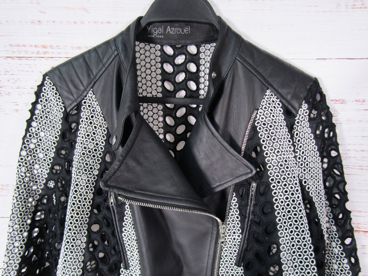 Yigal Azrouel Women's Black & White Lace Lambskin Leather Moto Jacket Size 2