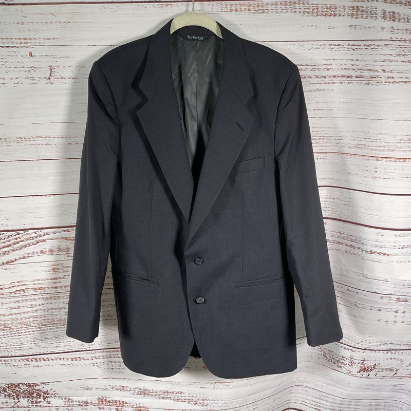 VTG. 80s Burberry Blue Plaid 100% Pure Wool 2 Button Notch Lapel Jacket Size 48R