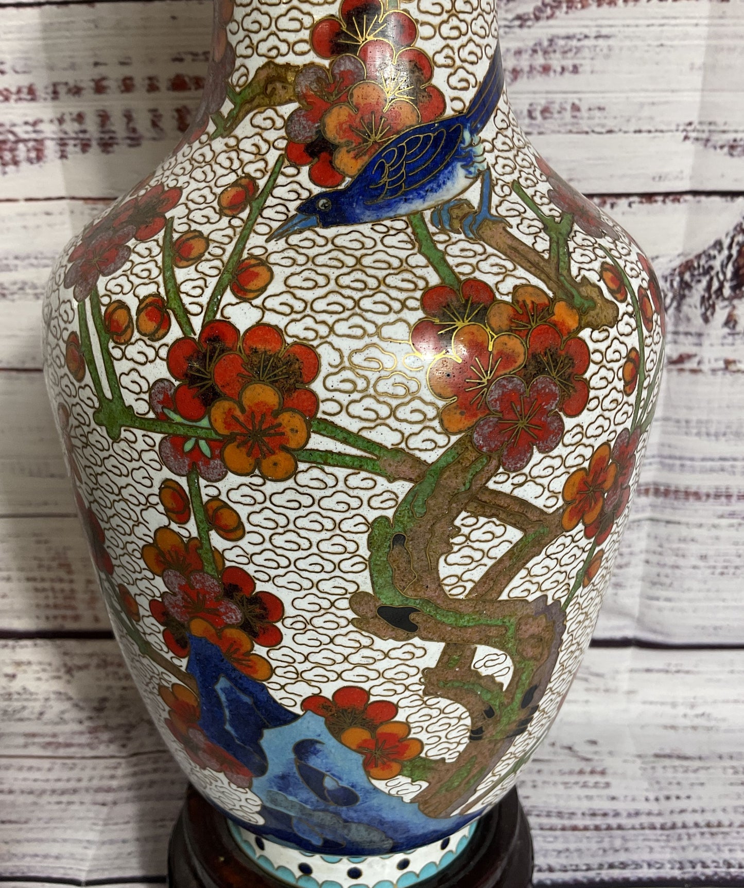 VTG. Chinese Floral Cloisonne Enamel Brass Vase with Wood Stand- 9.5"