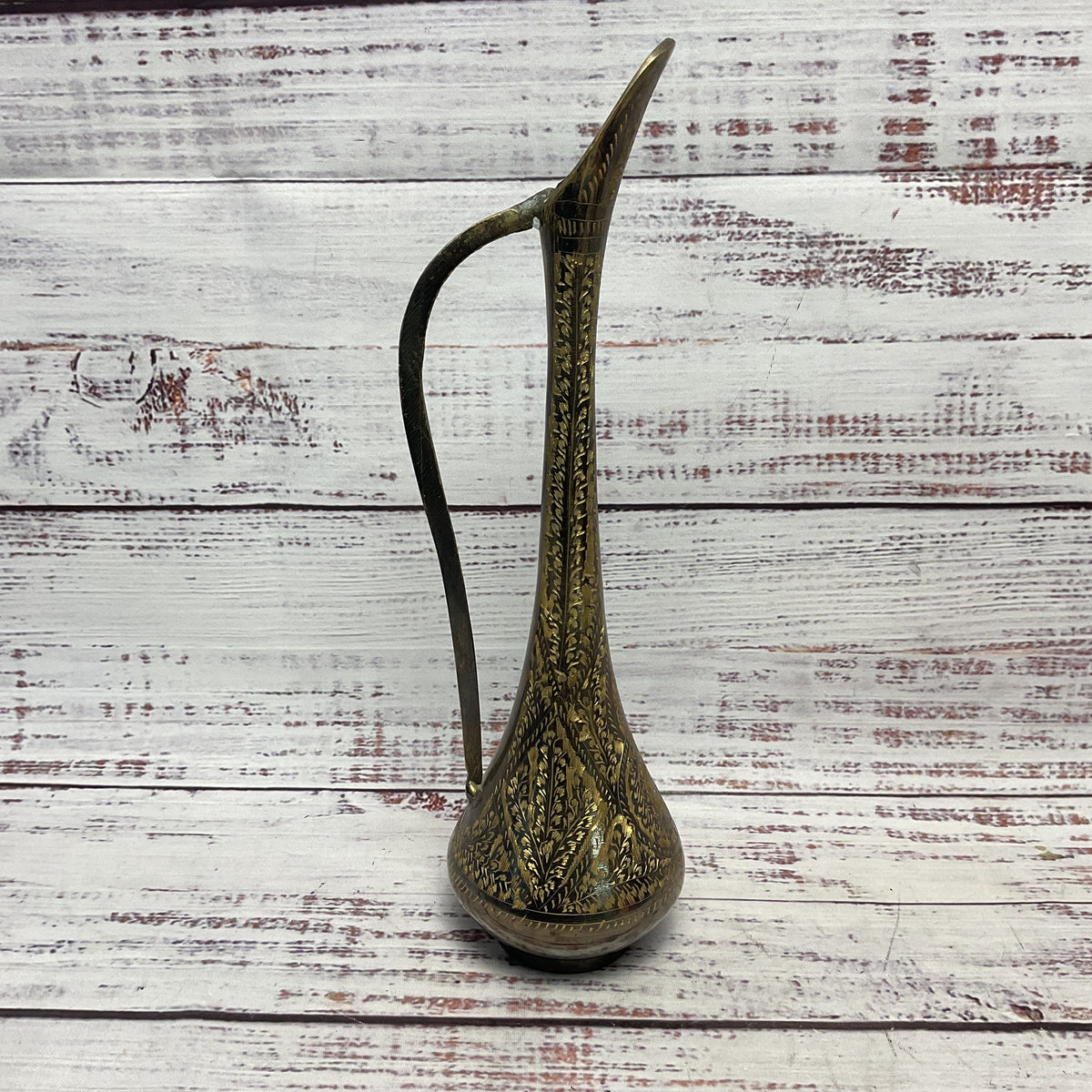 Darkened Brass Hand Engraved 10" Pitcher Vase