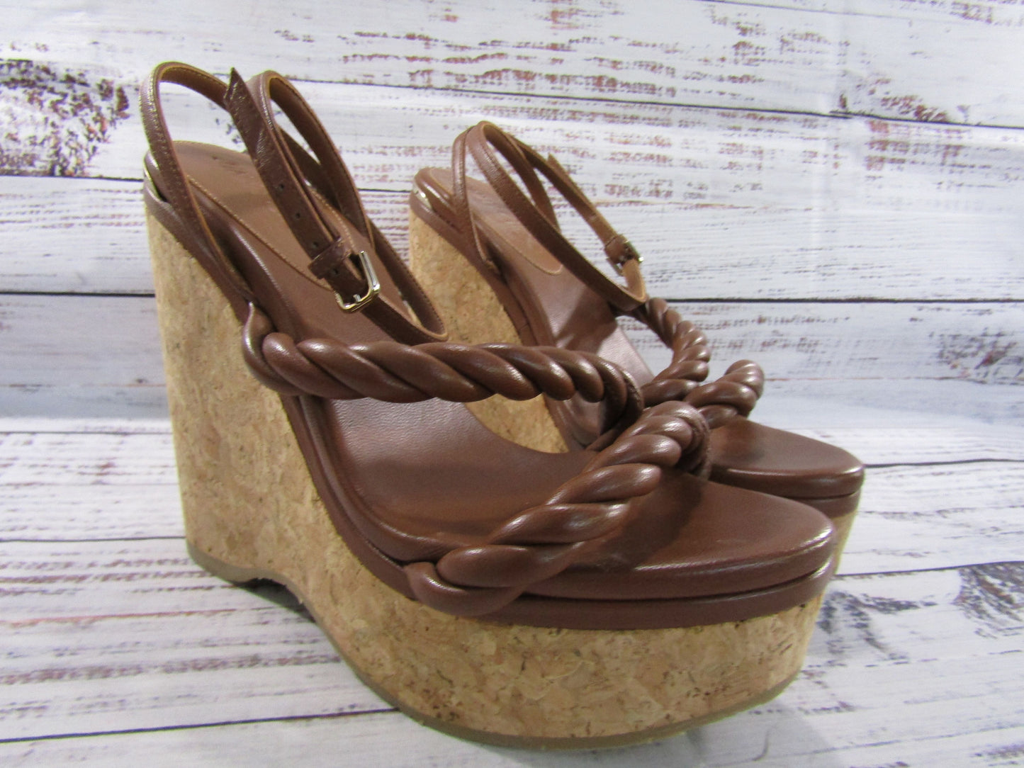 Jimmy Choo Diosa Women's Brown Leather Espadrille Wedge Sandals Made in Spain