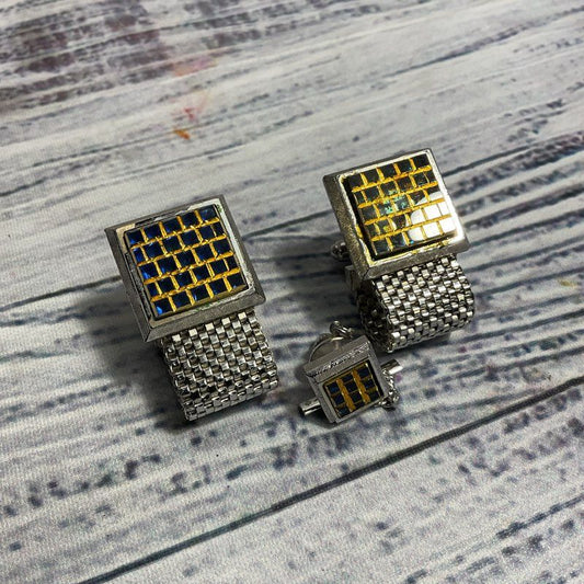 VTG. Dante Two Tone Blue/Green Stone Geometric Cufflink & Tie Pin Jewelry Set