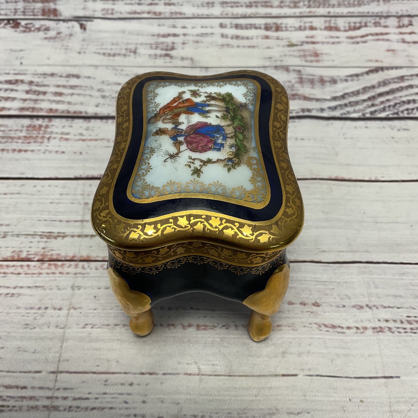 Limoges France Cobalt Blue Gilded Porcelain Ceramic Trinket Box 3"x3.5"x2.5"