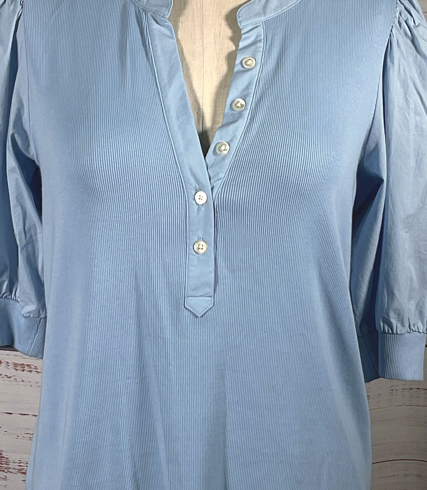 Veronica Beard Coralee Mixed Media Puff Sleeve Top Blue XL