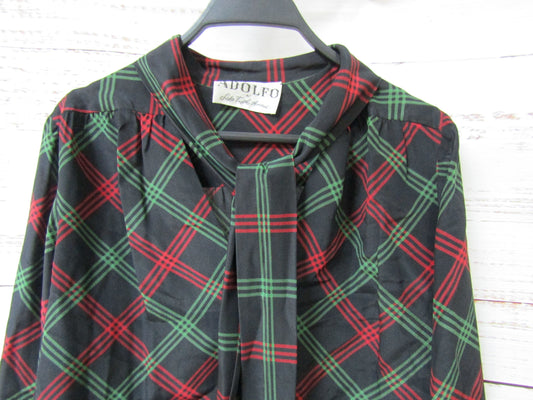Vintage Adolfo at Saks Fifth Avenue Women's Red Green Plaid Silk Blouse Size S