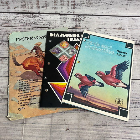 3 Vintage Stamp Collector Albums 2 Full Birds, Diamonds 1 Empty Masterworks