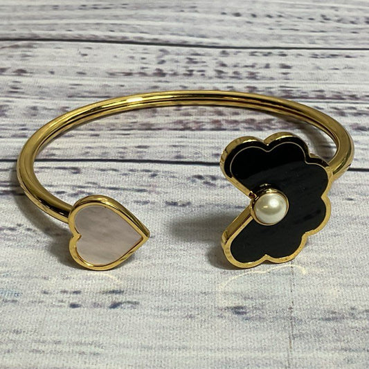 KATE SPADE Gold Tone Onyx, Mother of Pearl and Faux Pearl Cuff Bracelet