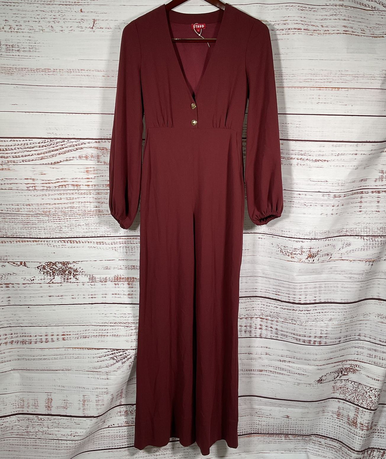 Staud V Neck Long Sleeve Jumpsuit Burgundy 4