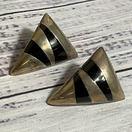VTG. BAYANIHAN Sterling Silver & Onyx Triangle 1.25" Earrings- 11.71g