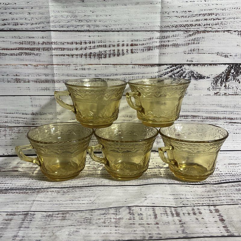 Vtg. Federal Glass Patrician Amber 5 Pc. Depression Era Tea Cup Set