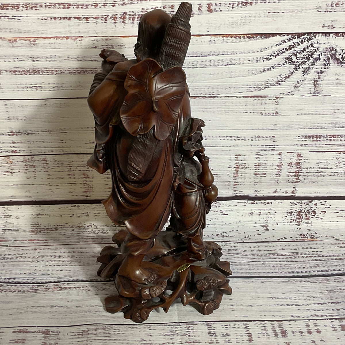 VTG./ANTIQUE Wood Carved Chinese Man, Child and Bat- 9"