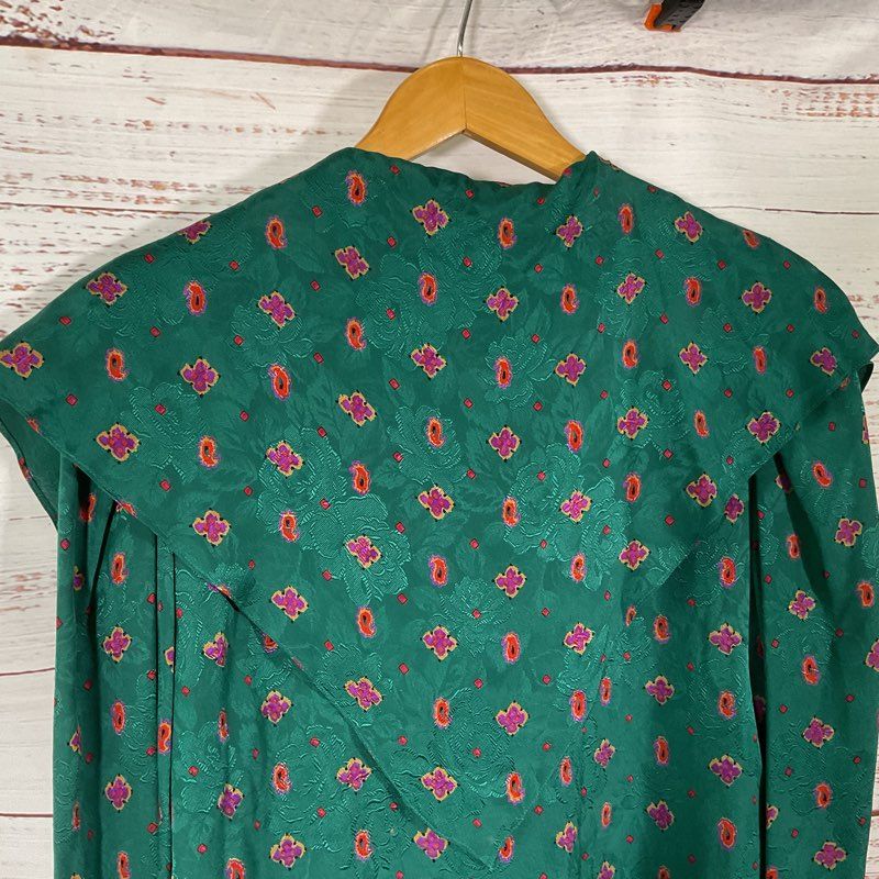 VTG. Oscar De La Renta Green Floral Cape Shoulder Silk Blouse Blouse - Size 10
